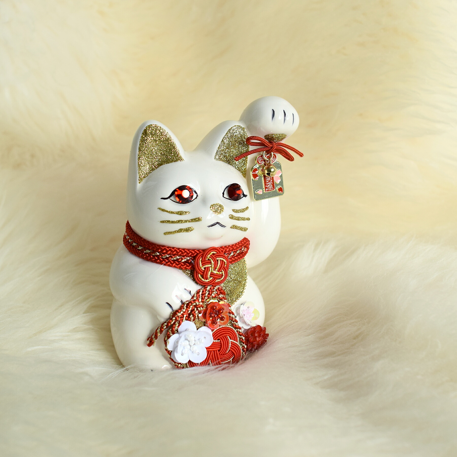 大正時代 手塗り色絵 可愛い招き猫 招福 縁起物 陶器 置物 25センチ