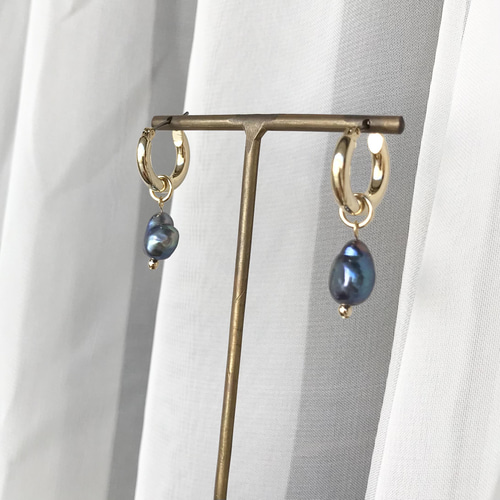 バロックパール ピアス フープピアス 黒蝶 真珠 ハンドメイド 淡水