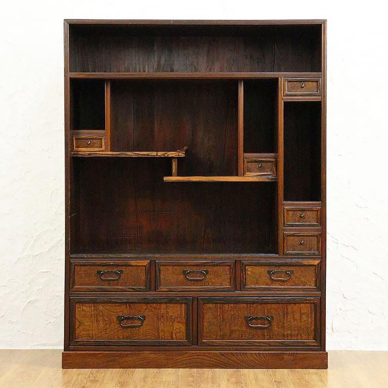 上質 黒柿 結霜ガラス入り 茶箪笥 和風キャビネット 日本製 大正・昭和